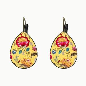 NEW Giselle Victorian Yellow and Pink Floral Glass Cabochon Teardrop Earrings
